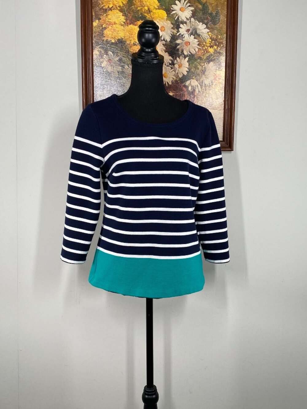 Talbots Blouse Top Women's Medium Boat Neck Multicolor Stripes 3/4 Sleeve Preppy